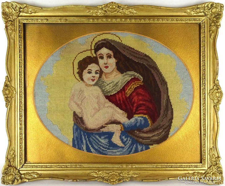1C931 Régi Mária gyermekével szentkép gobelin blondel keretben
