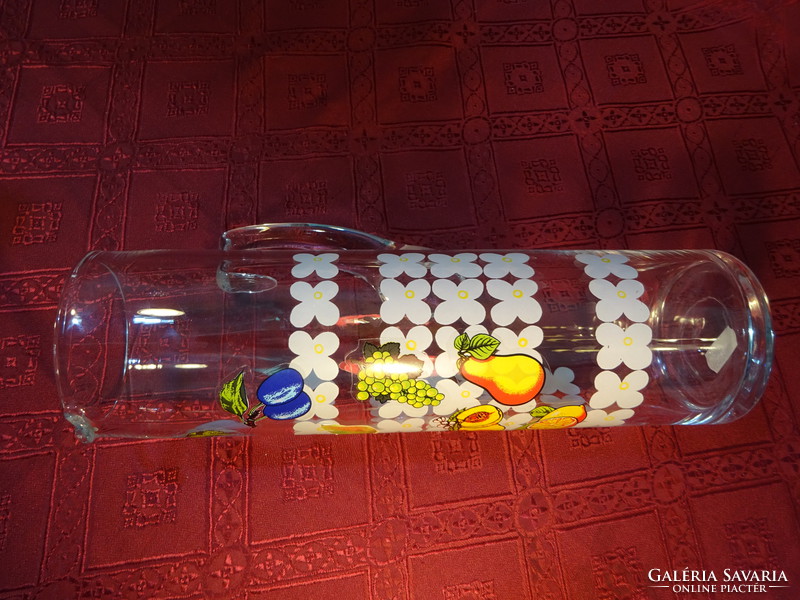 Glass jug, cylindrical, with fruit pattern, height 30 cm. He has!