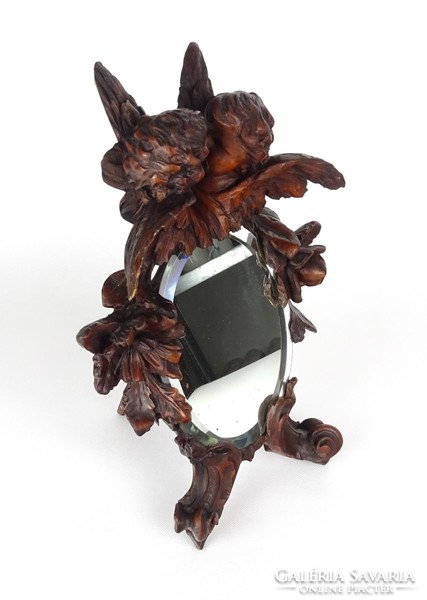 1C873 Antik faragott fa puttó angyalos pipere asztali álló tükör 38.5 cm