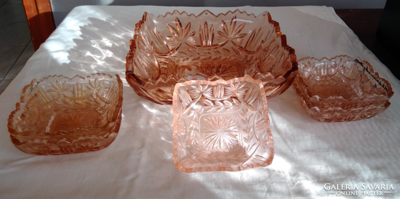 Salmon or pink thick glass compote and salad set polished to an old crystal pattern