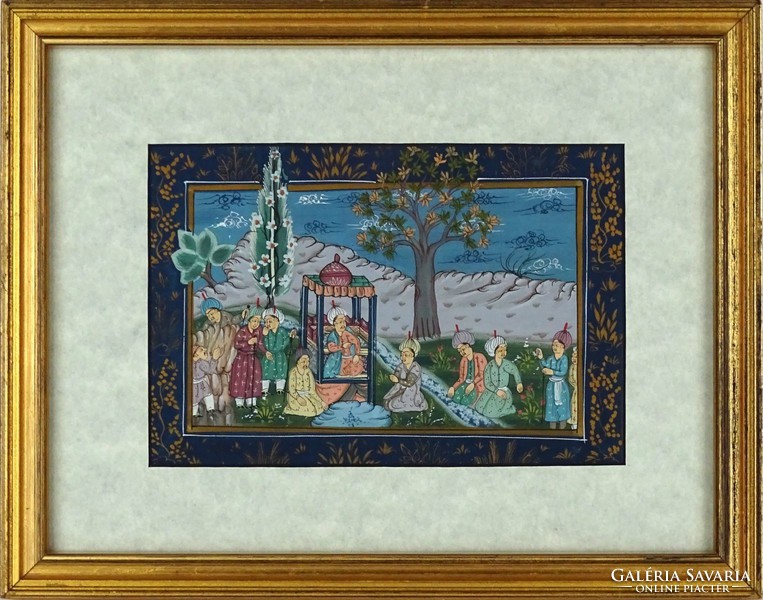 1D011 Régi orientalista török témájú keleti selyemkép miniatúra 11.5 x 16 cm