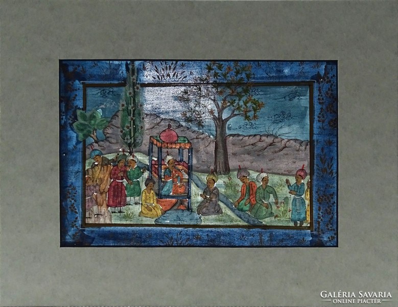 1D011 Régi orientalista török témájú keleti selyemkép miniatúra 11.5 x 16 cm