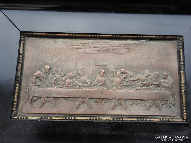 The Last Supper - Biedermeier antique bronze picture in a thick wooden frame