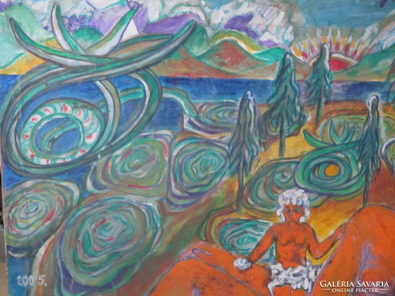 E.M.I. jelzéssel  csodálatos színekkel megfestett expresszionista olaj vászon festmény