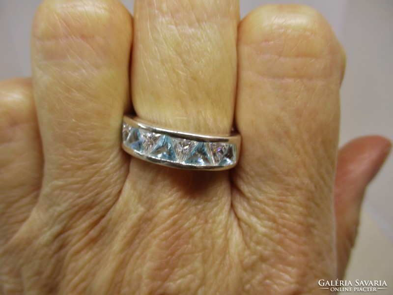 Beautiful silver ring with aquamarine blue and white cubic zirconia stones