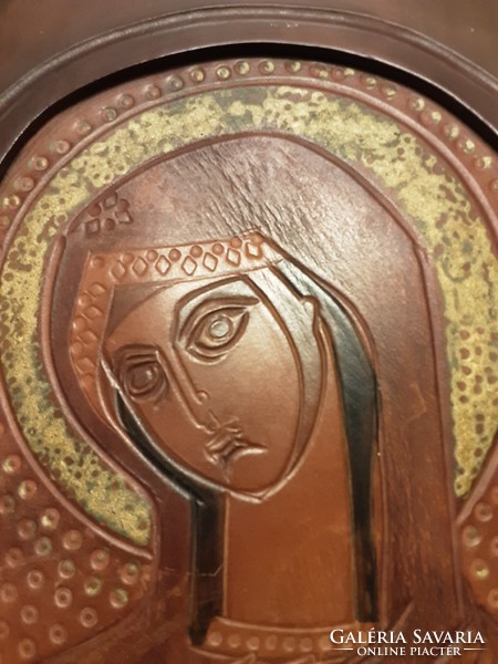 Madonna - leather icon of Athenian Mary - sacred image, mural