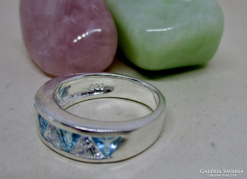 Beautiful silver ring with aquamarine blue and white cubic zirconia stones