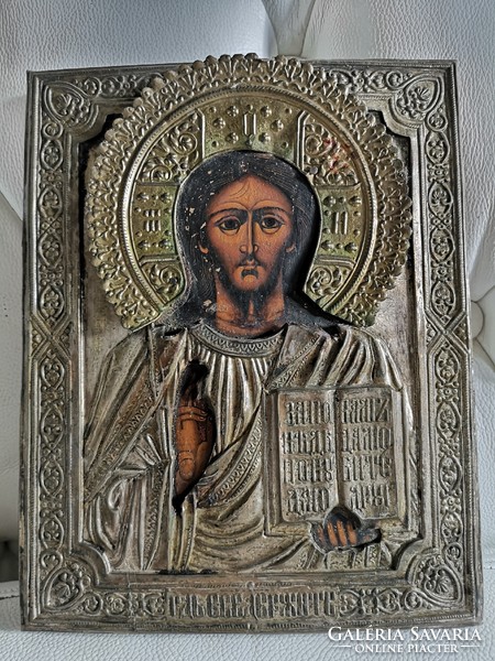 Jesus icon. Hammered metal work, hand painted.