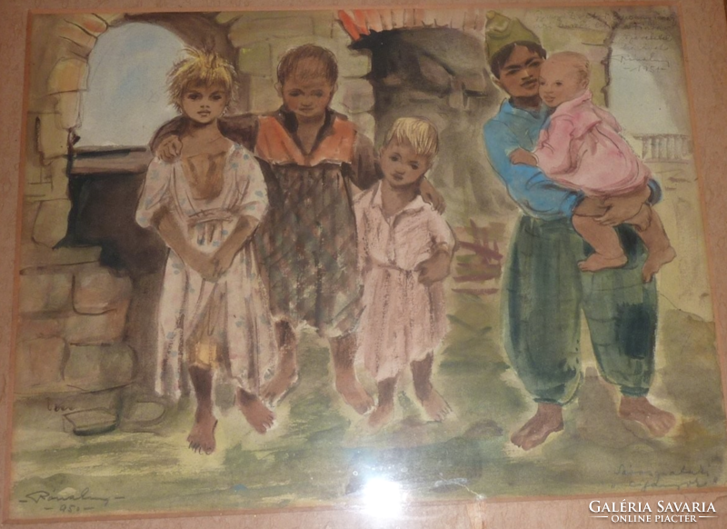 Róna Emy: Sárospataki cigányok, eredeti akvarell, jelzett, dedikált ' 1951