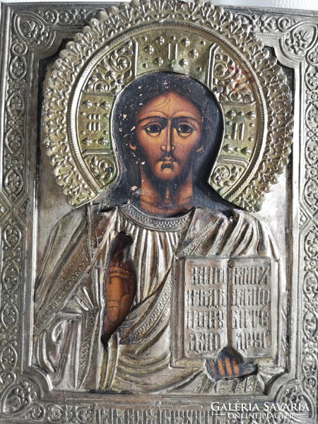 Jesus icon. Hammered metal work, hand painted.
