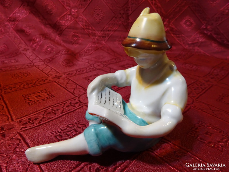 Hollóház porcelain, hand-painted figure, reading boy, height 8.5 cm. He has!