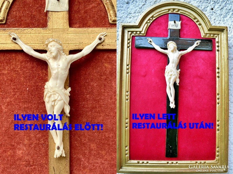 51. Antique ivory Jesus Christ (11cm), corpus, crucifix, cross in 30 cm frame