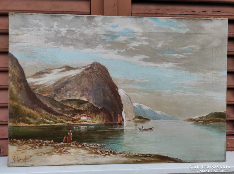 Leáraztam,Antik tàjkép1800as évek,olaj vászon festmény tengerszem . Szignàlt Osztrák vagy olasz, l