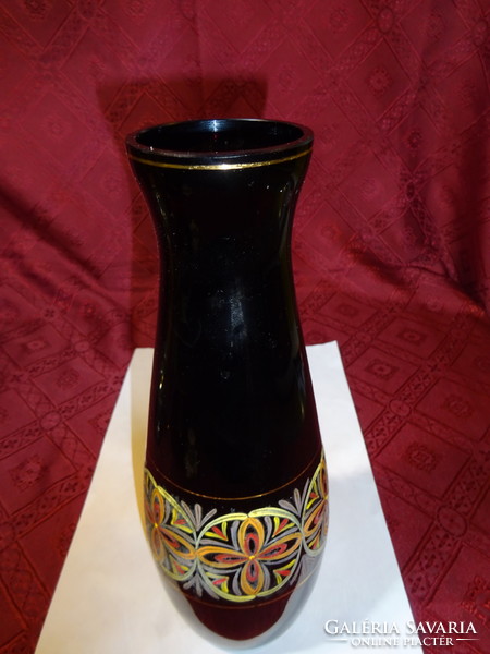 Dark burgundy glass vase, hand-painted, height 26 cm. He has! Jókai.