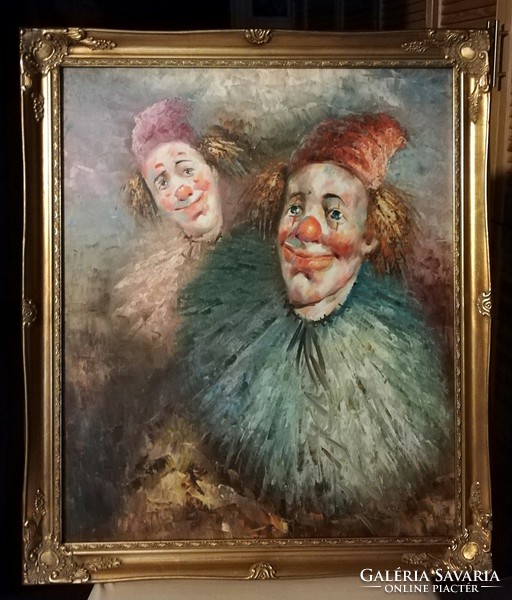 Jelzett, kvalitásos portré bohócokról ( 50 x 60 + keret, olaj )