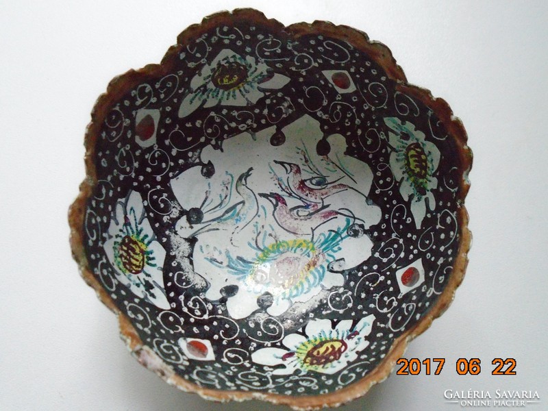 Antique Persian Safavid hand-painted bird and flower pattern enamel bowl with lace rim