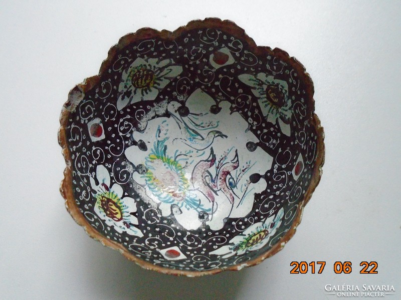 Antique Persian Safavid hand-painted bird and flower pattern enamel bowl with lace rim