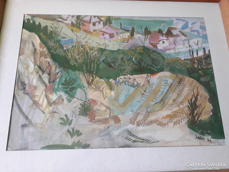 Sáfár Pál - Táj - keretezett képcsarnokos akvarell festmény 1977-ből