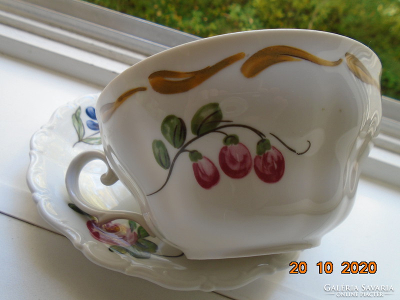 Kézzel festett rózsás nagyméretű német teás csésze alátéttel