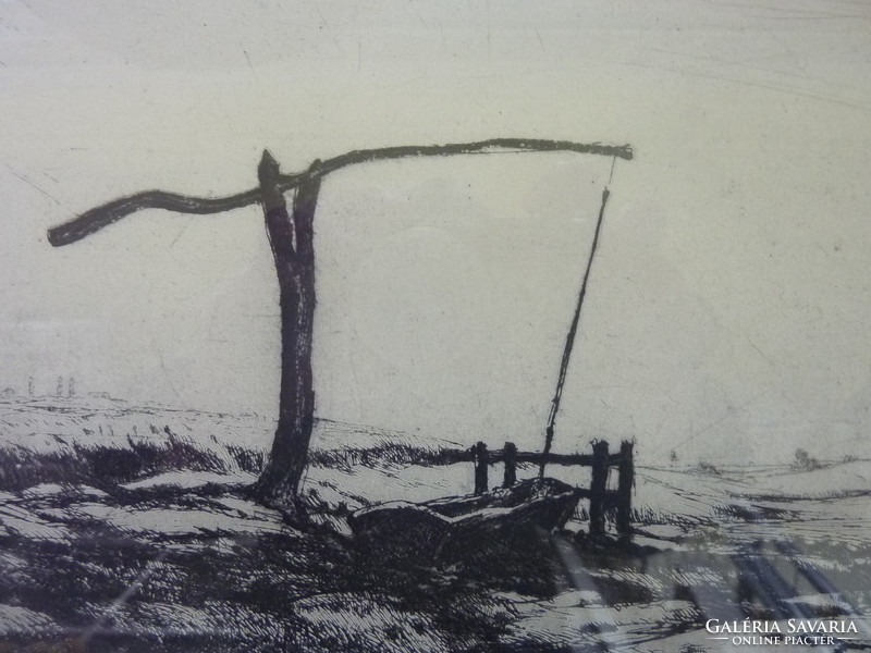 István Szőnyi: boom well [etching, marked, framed, 32x26 cm] lowland, field, plain, wilderness, countryside