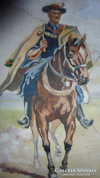 Csikós a lován - patinás akvarell, az 1920-as évek tájékáról