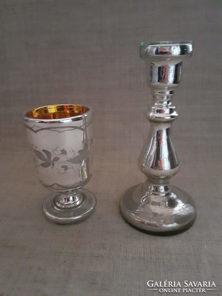 Antique double village with torn bottom blown glass candlestick with gilded interior decorative cup