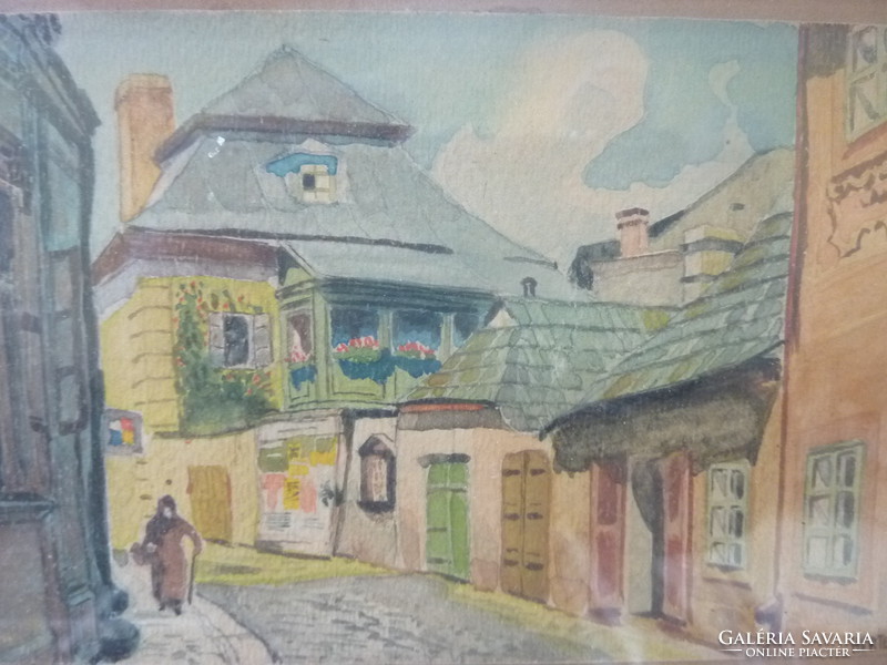 Kanyarodó utcácska anyókával (miniatűr akvarell keretben, Kertesi J.) mesebeli,derűs,színes,bájos,