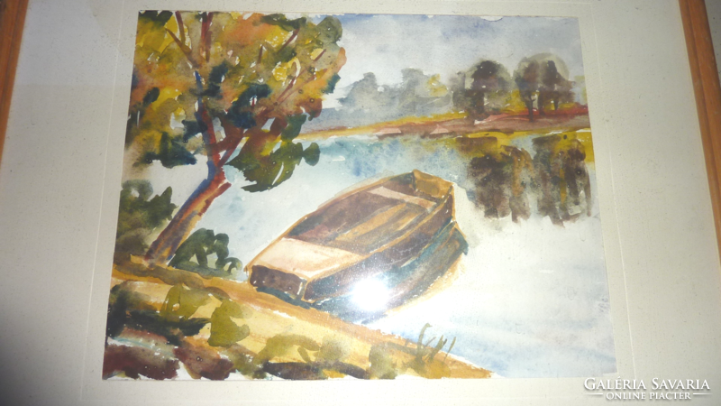 Őszidő csónakkal - akvarell kerettel falra akasztható - tó,víz,tájkép,természet,idill