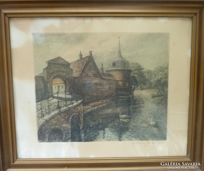 Riverside town with swans (colored etching frame, 38x46 cm) water, landscape, animal, nature