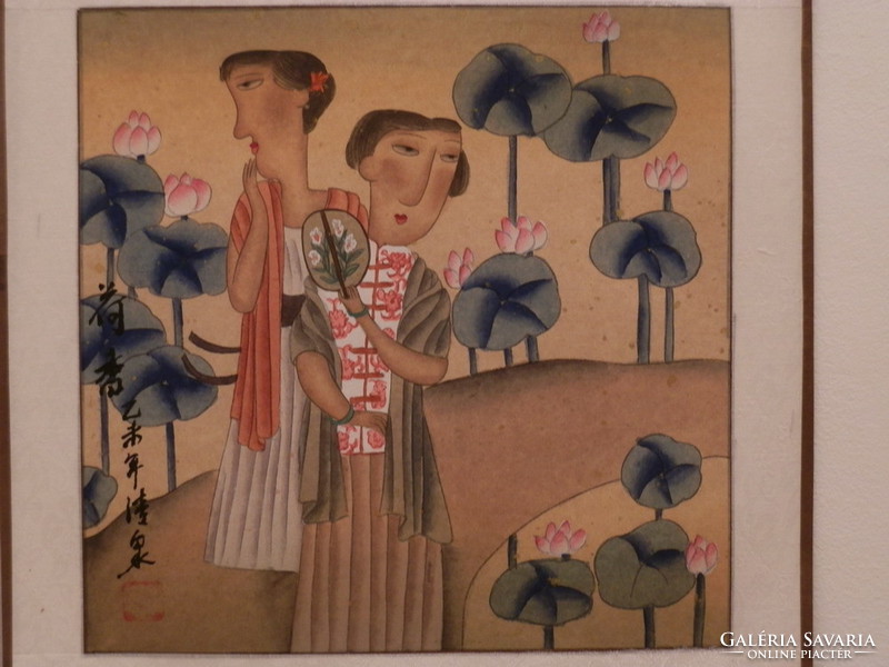 Two girls with lotus flowers, Chinese painting