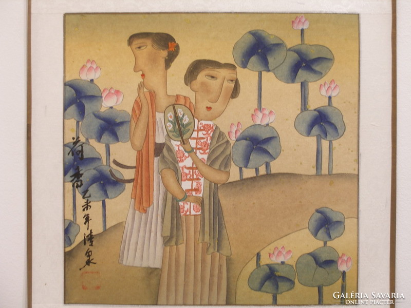 Two girls with lotus flowers, Chinese painting