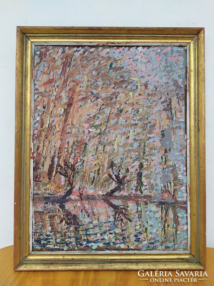 Antik olaj fa lemezen avantgard pointilista tájkép erdő tópart szignált festmény Nr 11.