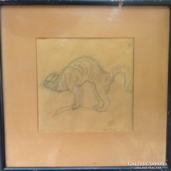 Medgyessy Ferenc: Morcos macska (egyedi rajz 40x39 cm, üveg alatt) hátát domborító cica, házikedvenc