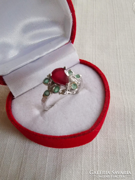 Beautiful natural blood red, ruby & emerald 925 silver ring 6.5/53/16.9