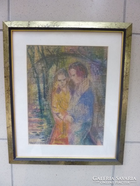 Szerelmesek a szabadban - pasztell kerettel, 38x32 cm (színes krétakép, lágy, finom, intim)