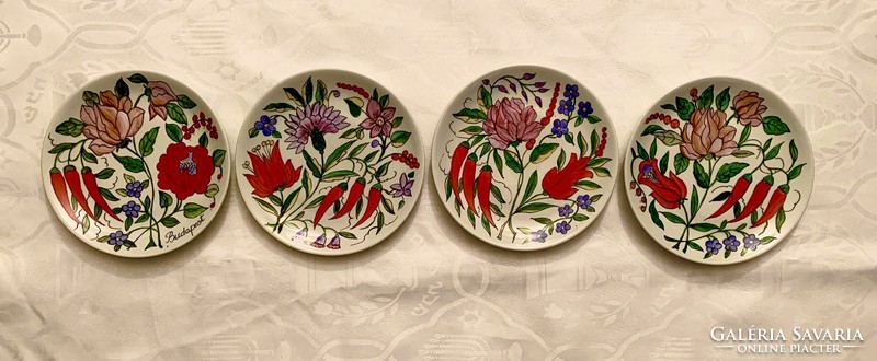 4 pcs. Kalocsa patterned Great Plain porcelain cake plates, marked mbé, bakos éva herend (?)