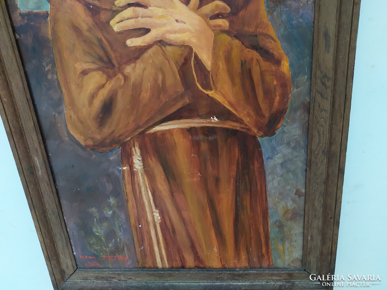 1968 olaj farost szignált ferences szerzetest ábrázoló festmény keretében keresztény Nr 60.