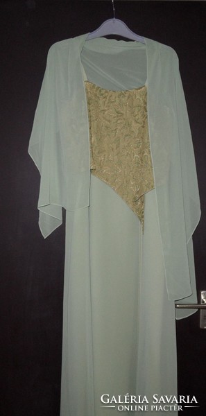 Casual, evening (muslin, embroidered) pale green dress with a stole