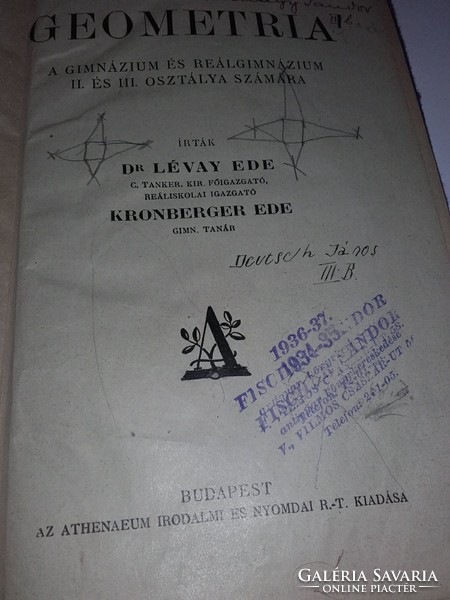 30-as évekből tankönyv -GEOMETRIA A gimnáziumok és reálgimn. II.és III.osztálya számára(matematika)