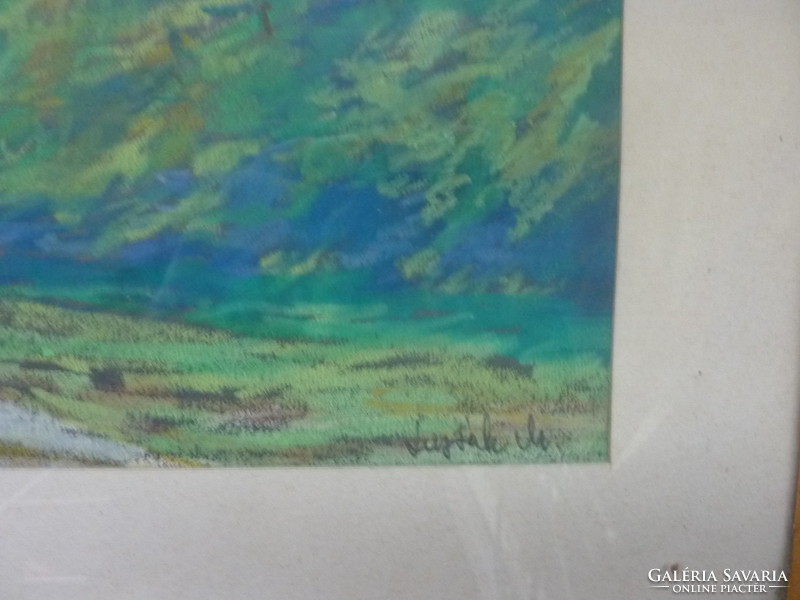 Lupták Mihály: Erdei út napfényben (pasztell kerettel 42x52 cm, 1992) természet, erdő, tájkép, szín