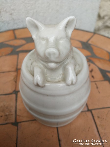 Porcelain lucky pig in a barrel, brings out the luck!S