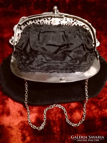 Antik, ezüst szerelékes, londoni, kívül bársony - belül selyem színházi táska, gyönyörű állapotban