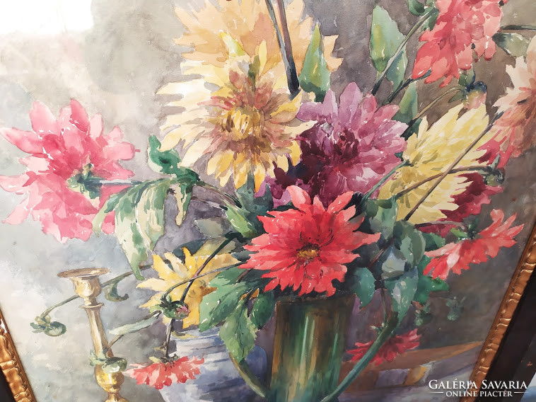 Antik akvarell papír szignált virágcsendélet virág csendélet festmény keretben Nr 80.