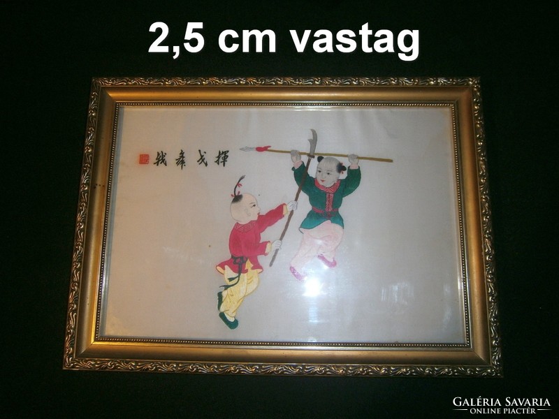 Kínai jelzett selyem kép, selyemre hímzett harcosok