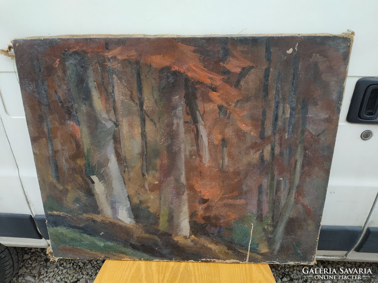 Antik olaj vászon szignált erdő részlet tájkép festmény keret nélkül Nr 98.