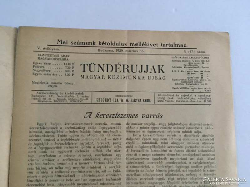 Tündérujjak - magyar kézimunka újság 1929. március, V. évfolyam, 3. (47.) száma melléklettel