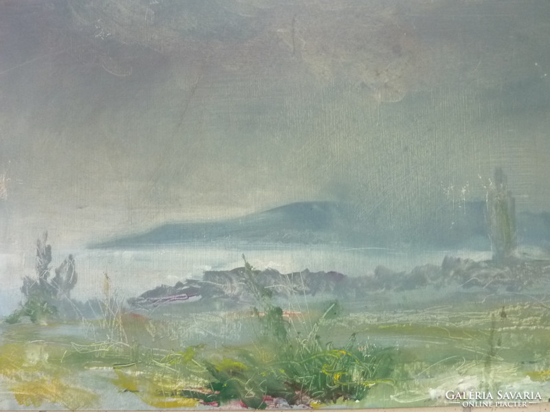 Takács l.: Balaton Bay (oil painting 31x43 cm) 1989 - water, lake, spring, nature, landscape, panorama