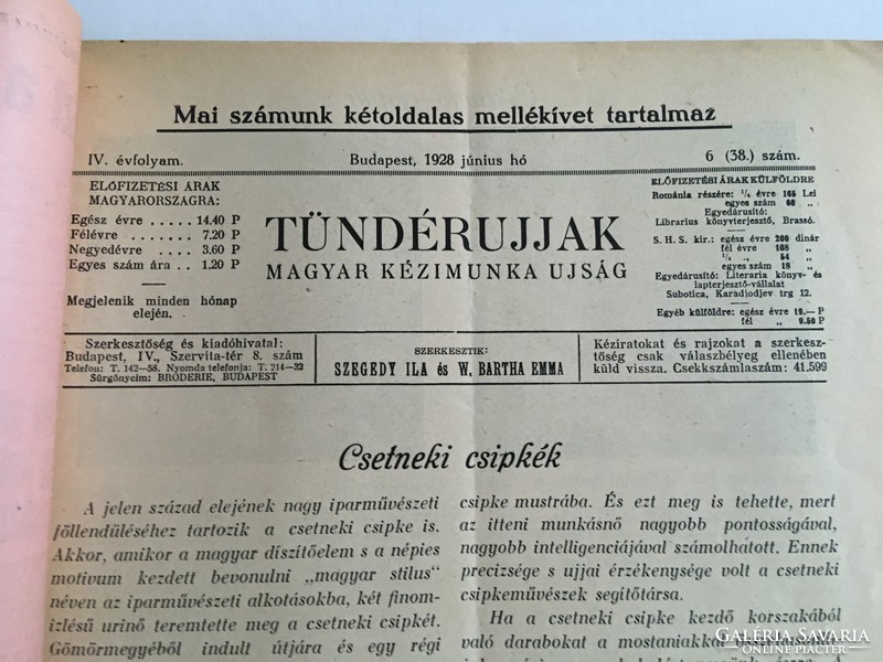 Tündérujjak - magyar kézimunka újság 1928. június, IV. évfolyam, 6. (38.) száma előfizetői csekkel!
