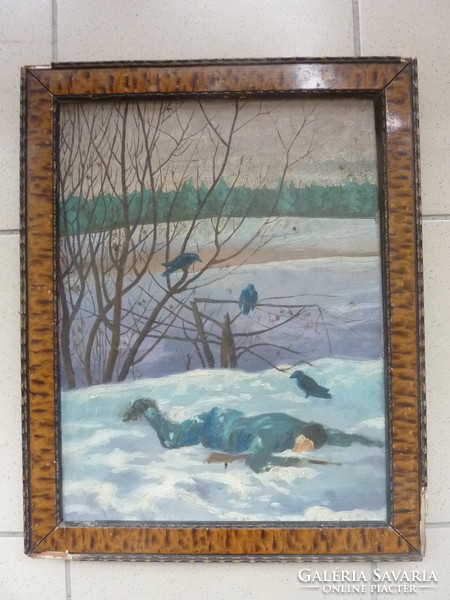 Sebesült katona a hóban - olaj-vászon, kerettel 36 x 45 cm