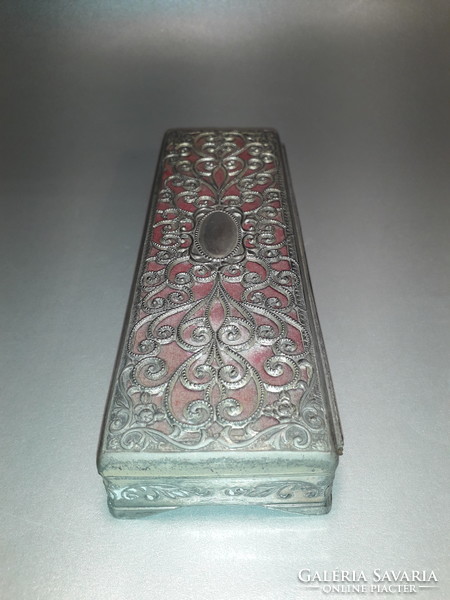 Now at a very good price! Vintage ornament box filigree pattern metal red velvet lining jeweled 19 cm